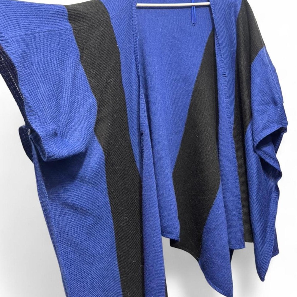Womens Blue Black Asymmetrical Knit Poncho Wrap Sweater Striped Open Front